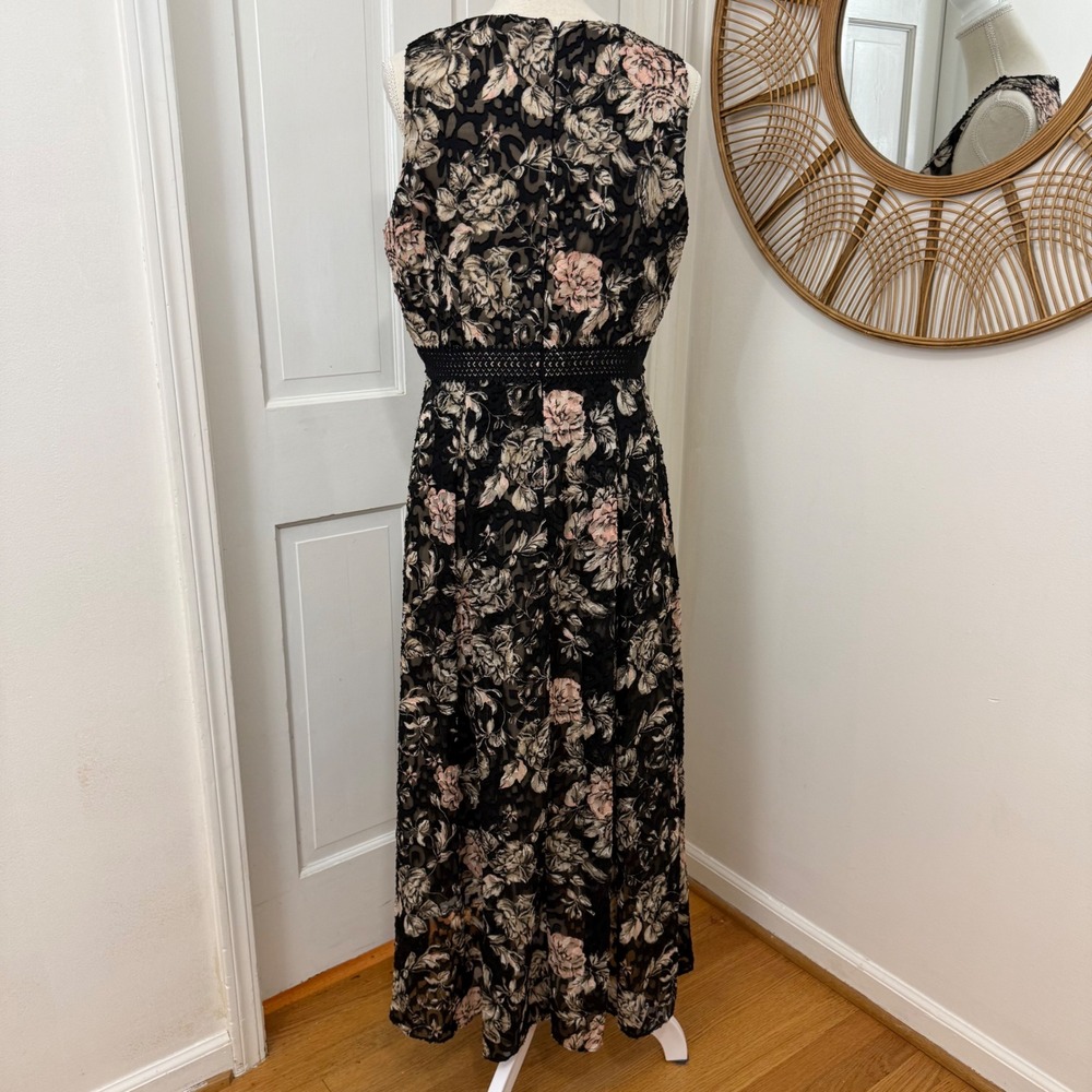 Antonio Melani Burnout Overlay Dress 10 Black Nude Midi Cocktail Evening - Picture 3 of 7